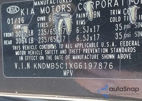 2016 Kia Sedona Lx z USA, uszkodzony, nr VIN KNDMB5C1XG6197876